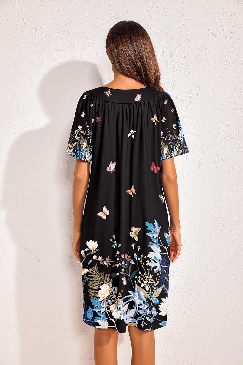 imageEkouaer 2 Pack House Dresses for Women with Pockets Short Sleeve Moo Moos Floral Print Mumu DressesBlue FloralButterfly Floral