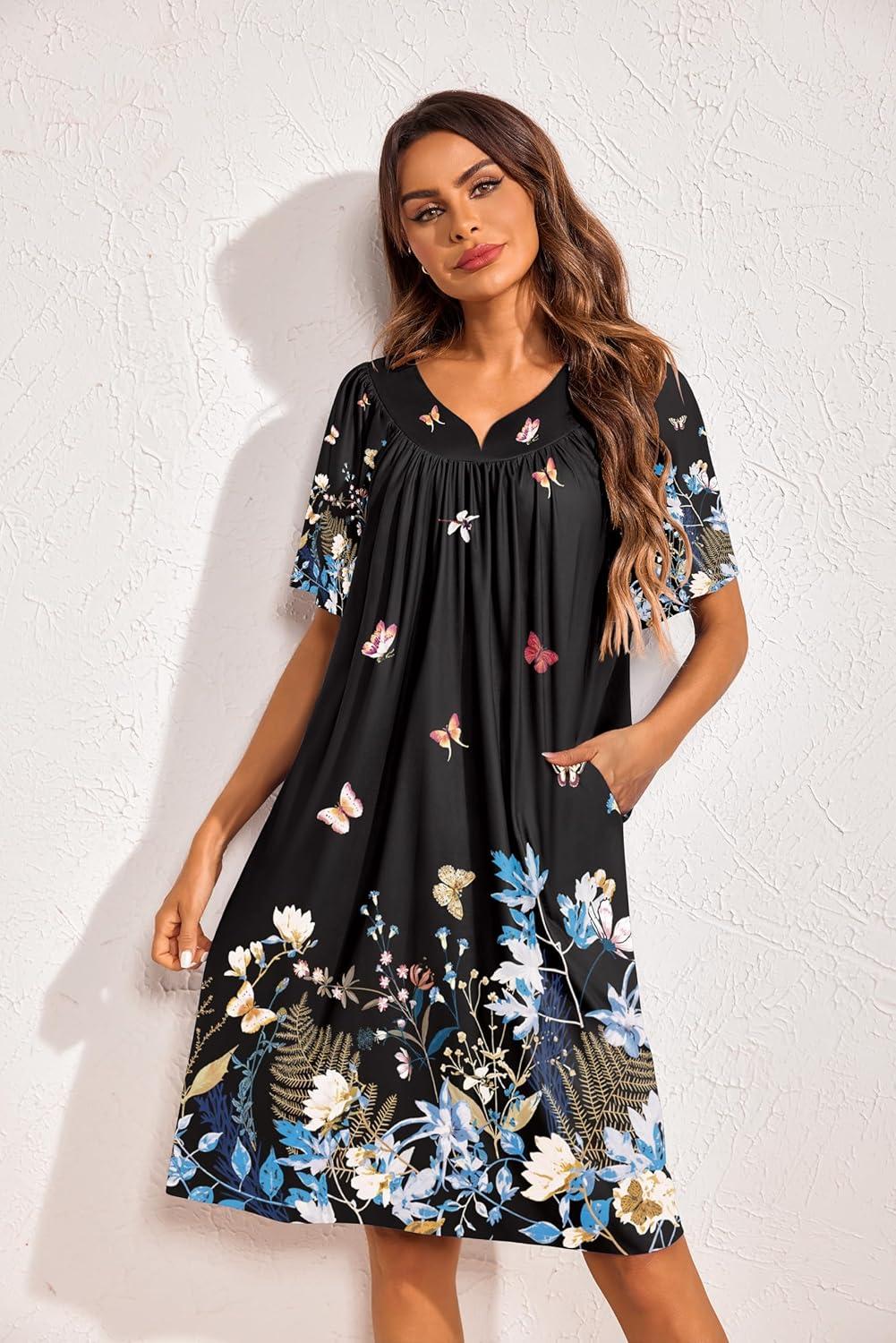 imageEkouaer 2 Pack House Dresses for Women with Pockets Short Sleeve Moo Moos Floral Print Mumu DressesBlue FloralButterfly Floral