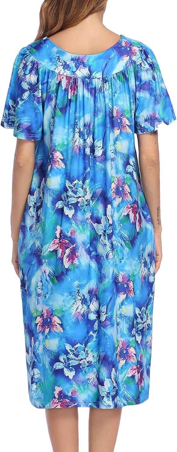 imageEkouaer 2 Pack House Dresses for Women with Pockets Short Sleeve Moo Moos Floral Print Mumu DressesBlue FloralCherry Blossoms