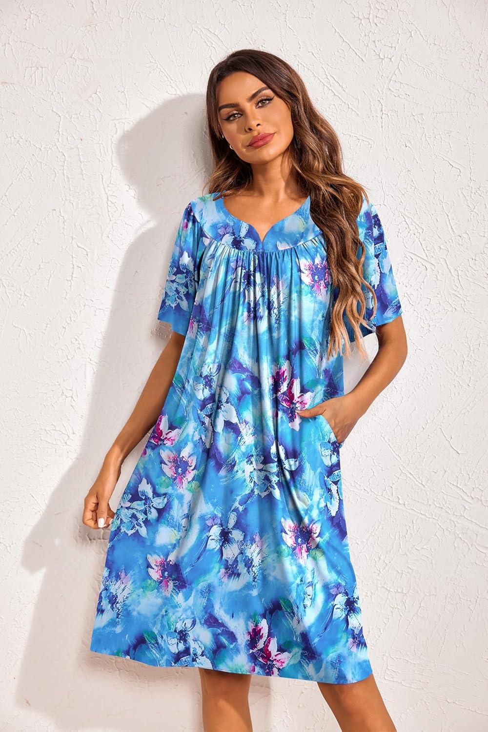 imageEkouaer 2 Pack House Dresses for Women with Pockets Short Sleeve Moo Moos Floral Print Mumu DressesBlue FloralCherry Blossoms