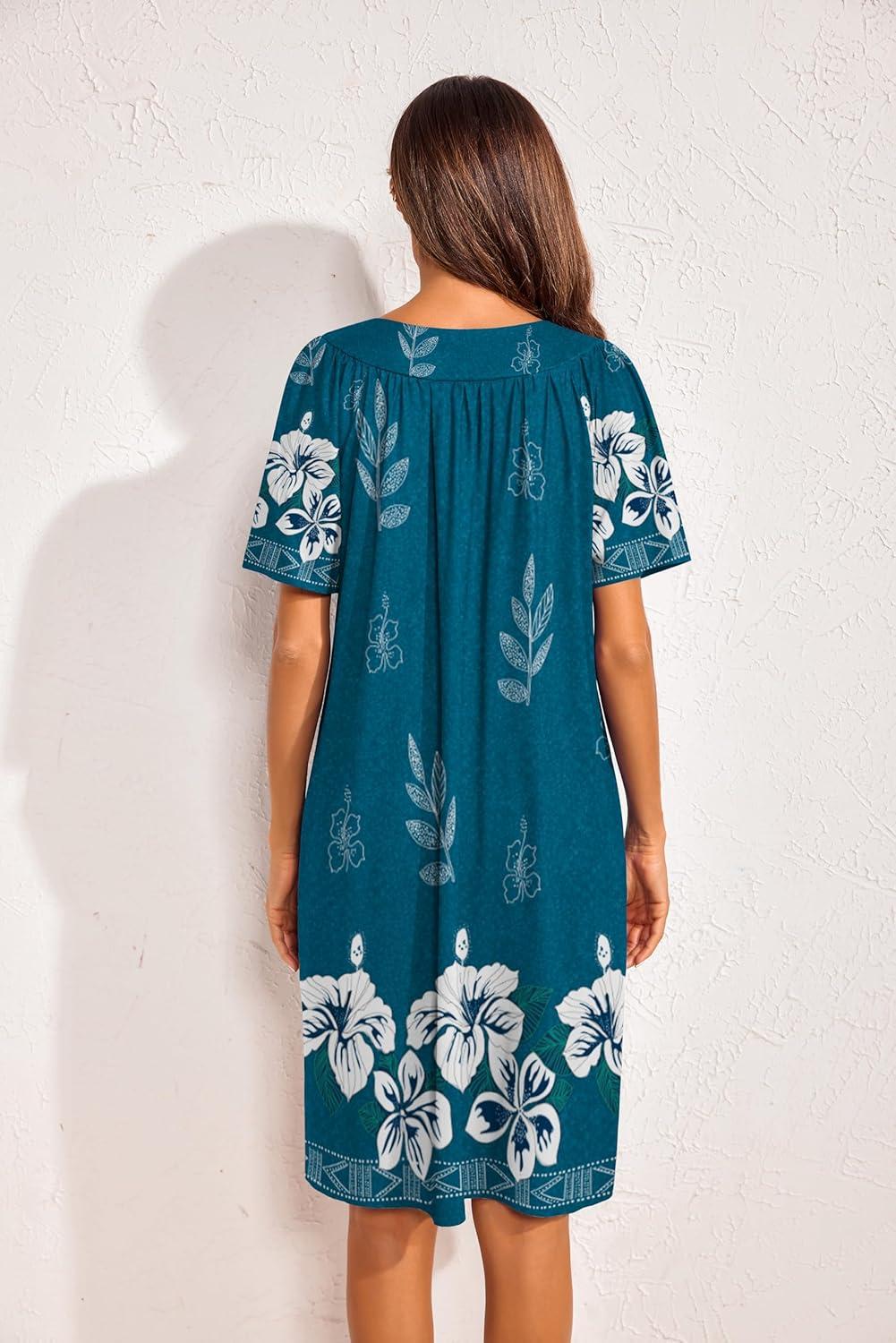 imageEkouaer 2 Pack House Dresses for Women with Pockets Short Sleeve Moo Moos Floral Print Mumu DressesBlue FlowerPurple Floral