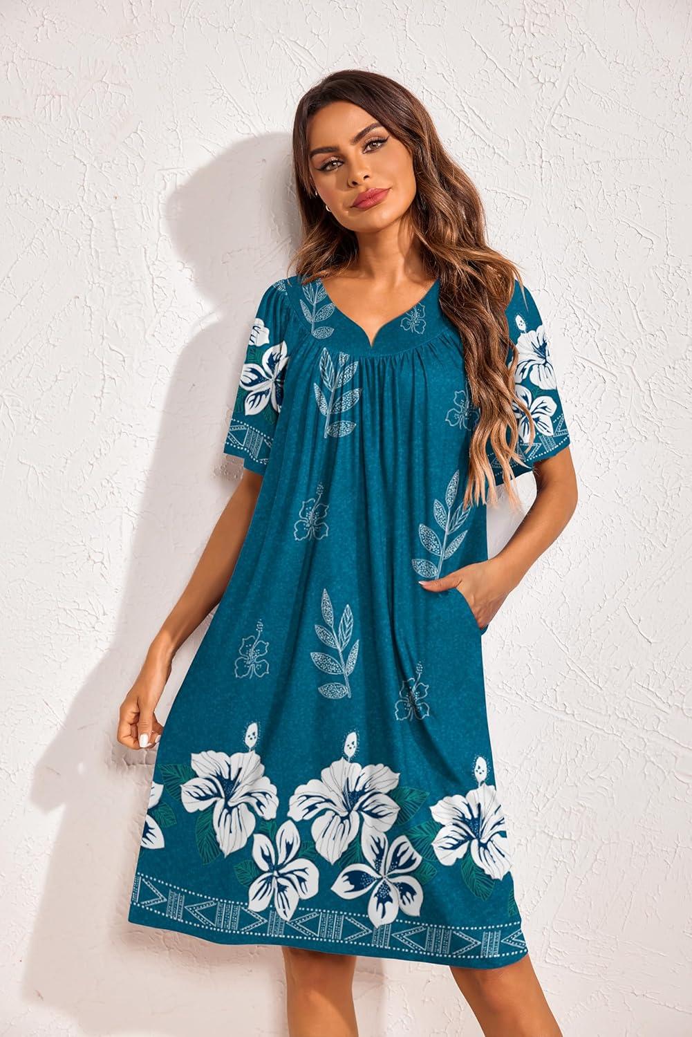 imageEkouaer 2 Pack House Dresses for Women with Pockets Short Sleeve Moo Moos Floral Print Mumu DressesBlue FlowerPurple Floral