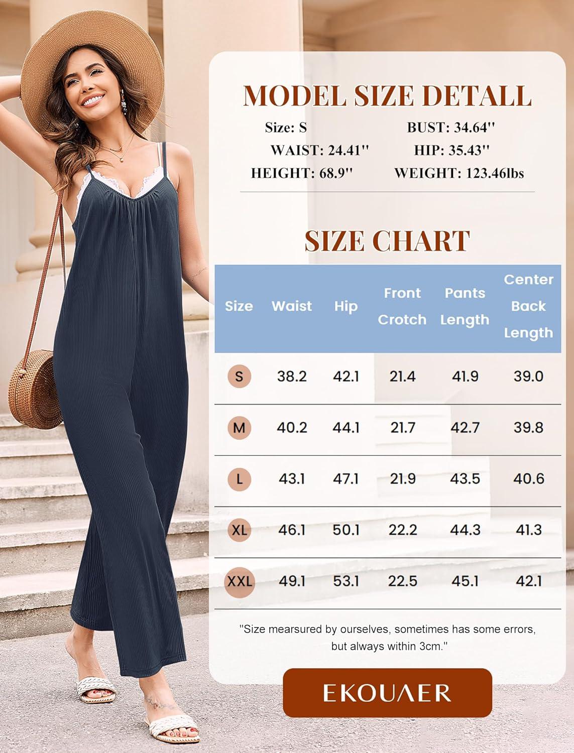 imageEkouaer Jumpsuits for Women Loose Sleeveless Adjustable Spaghetti Strap Romper Stretchy Wide Leg Pants Outfits with PocketsBlue