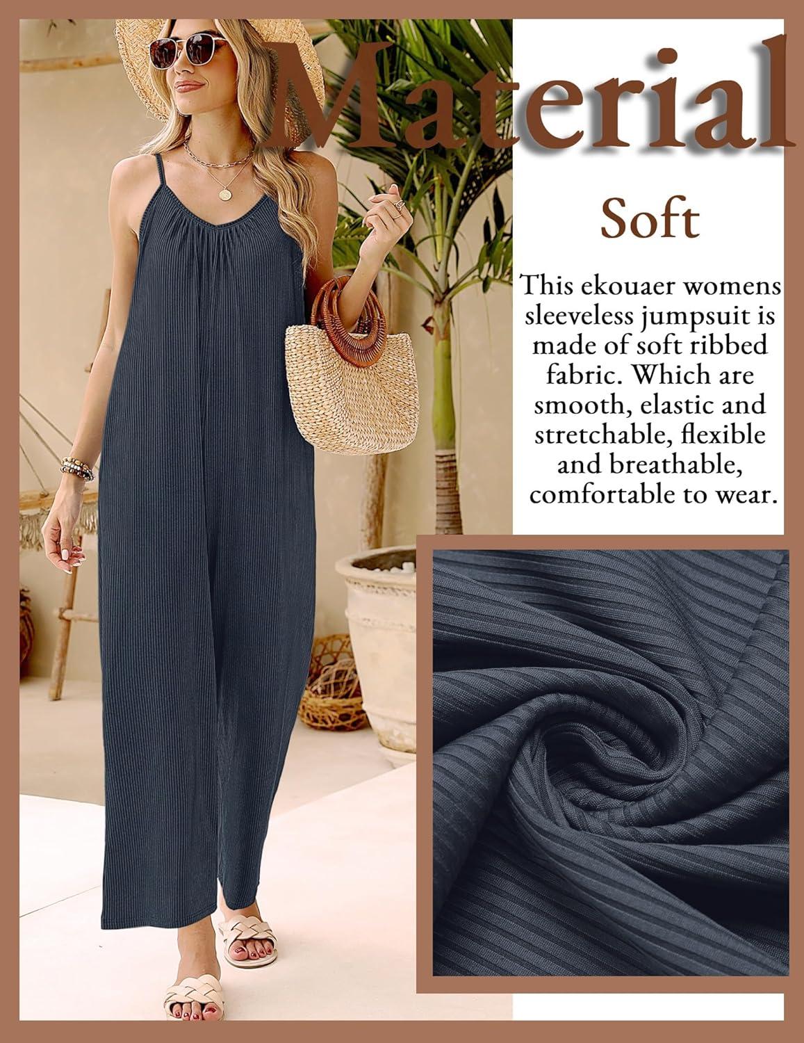 imageEkouaer Jumpsuits for Women Loose Sleeveless Adjustable Spaghetti Strap Romper Stretchy Wide Leg Pants Outfits with PocketsBlue