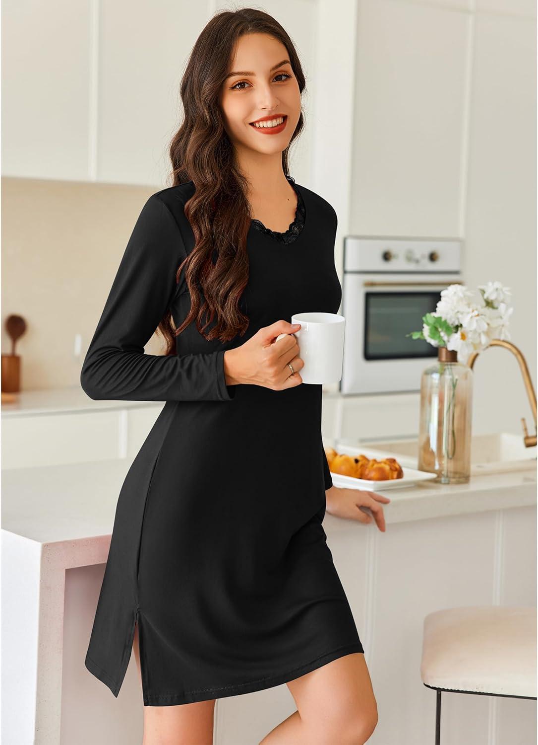imageEkouaer Long Sleeve Nightgowns for Women Sexy Lace Night Shirt V Neck Sleep Shirt Soft SleepwearBlack