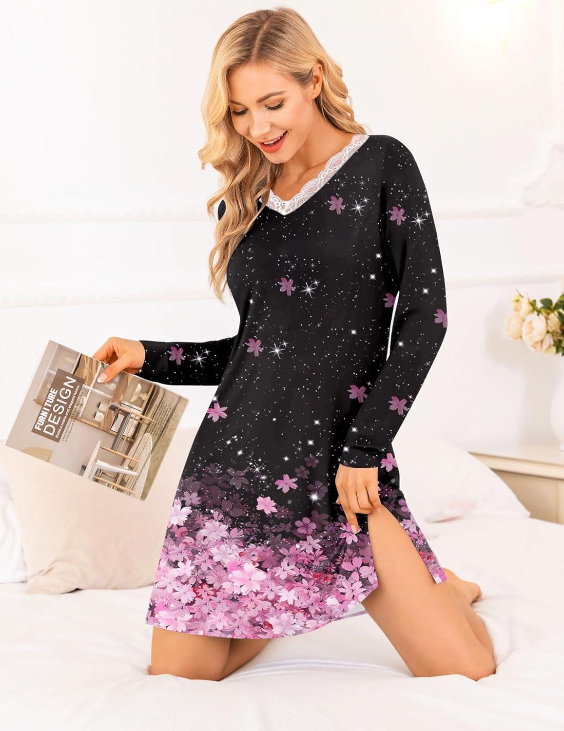 imageEkouaer Long Sleeve Nightgowns for Women Sexy Lace Night Shirt V Neck Sleep Shirt Soft SleepwearBlack Sakura
