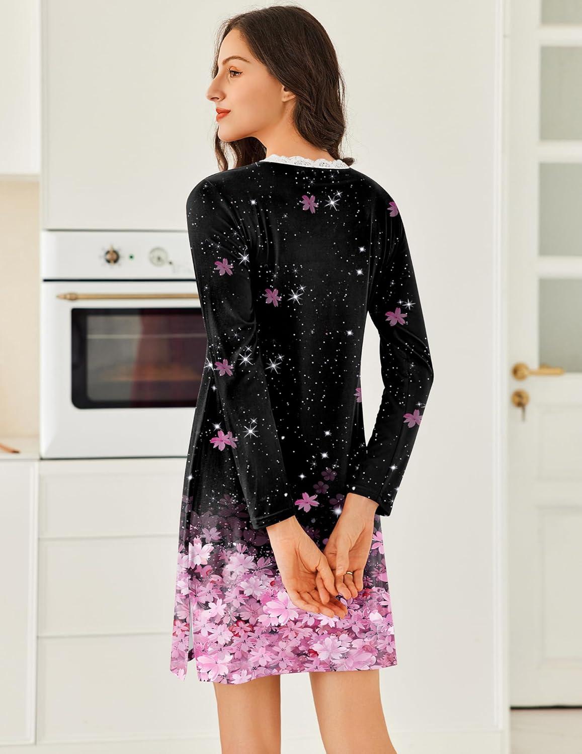 imageEkouaer Long Sleeve Nightgowns for Women Sexy Lace Night Shirt V Neck Sleep Shirt Soft SleepwearBlack Sakura