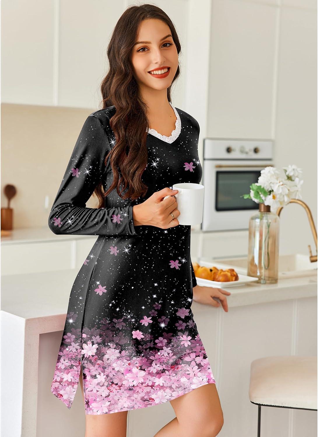 imageEkouaer Long Sleeve Nightgowns for Women Sexy Lace Night Shirt V Neck Sleep Shirt Soft SleepwearBlack Sakura