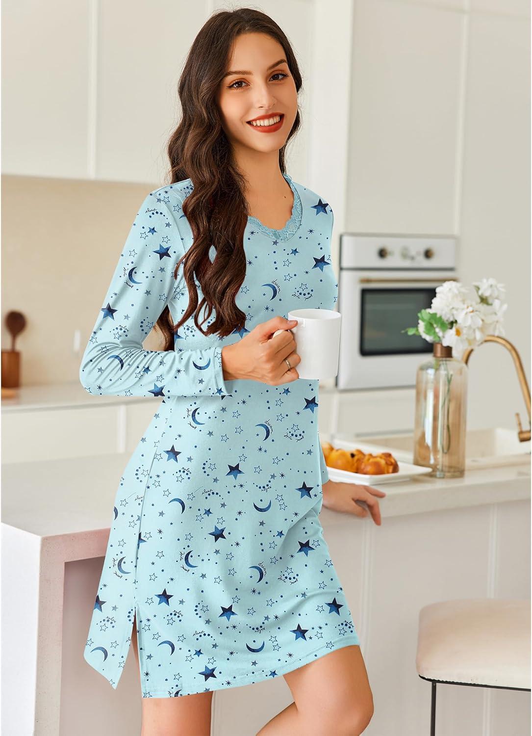 imageEkouaer Long Sleeve Nightgowns for Women Sexy Lace Night Shirt V Neck Sleep Shirt Soft SleepwearBlue Planet