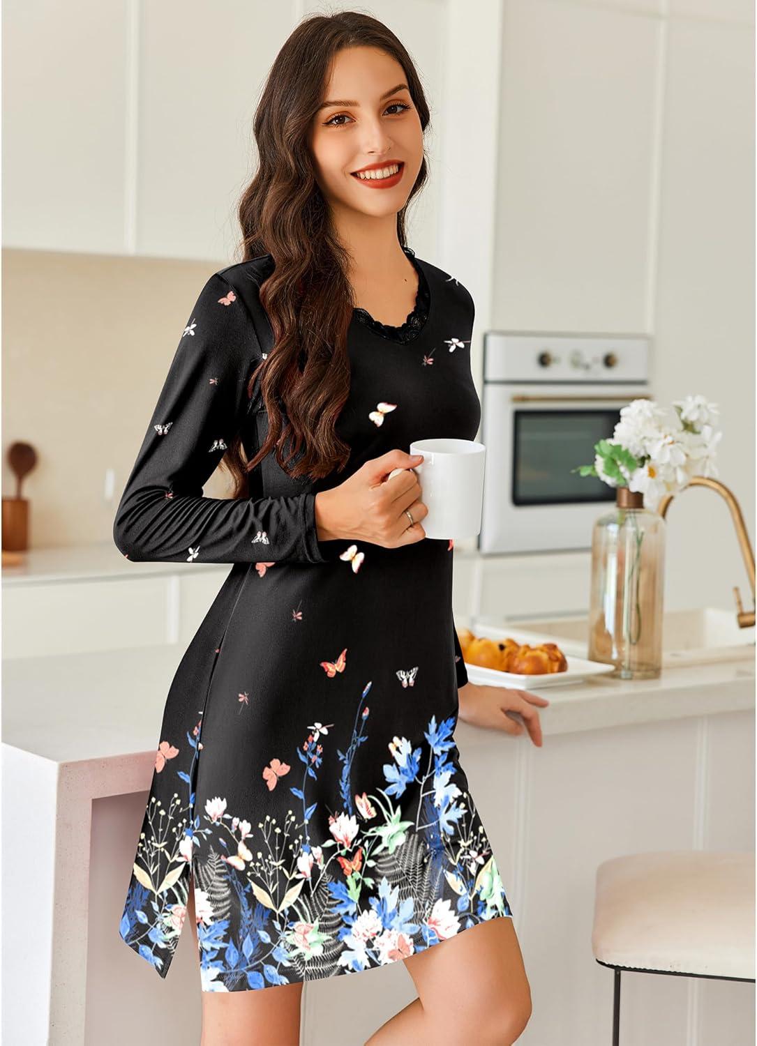 imageEkouaer Long Sleeve Nightgowns for Women Sexy Lace Night Shirt V Neck Sleep Shirt Soft SleepwearButterfly Flowers