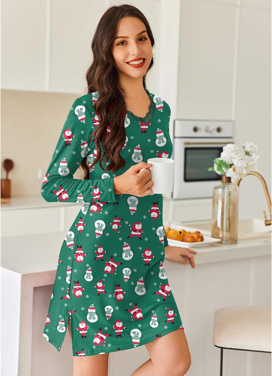 imageEkouaer Long Sleeve Nightgowns for Women Sexy Lace Night Shirt V Neck Sleep Shirt Soft SleepwearChristmas Santa 1