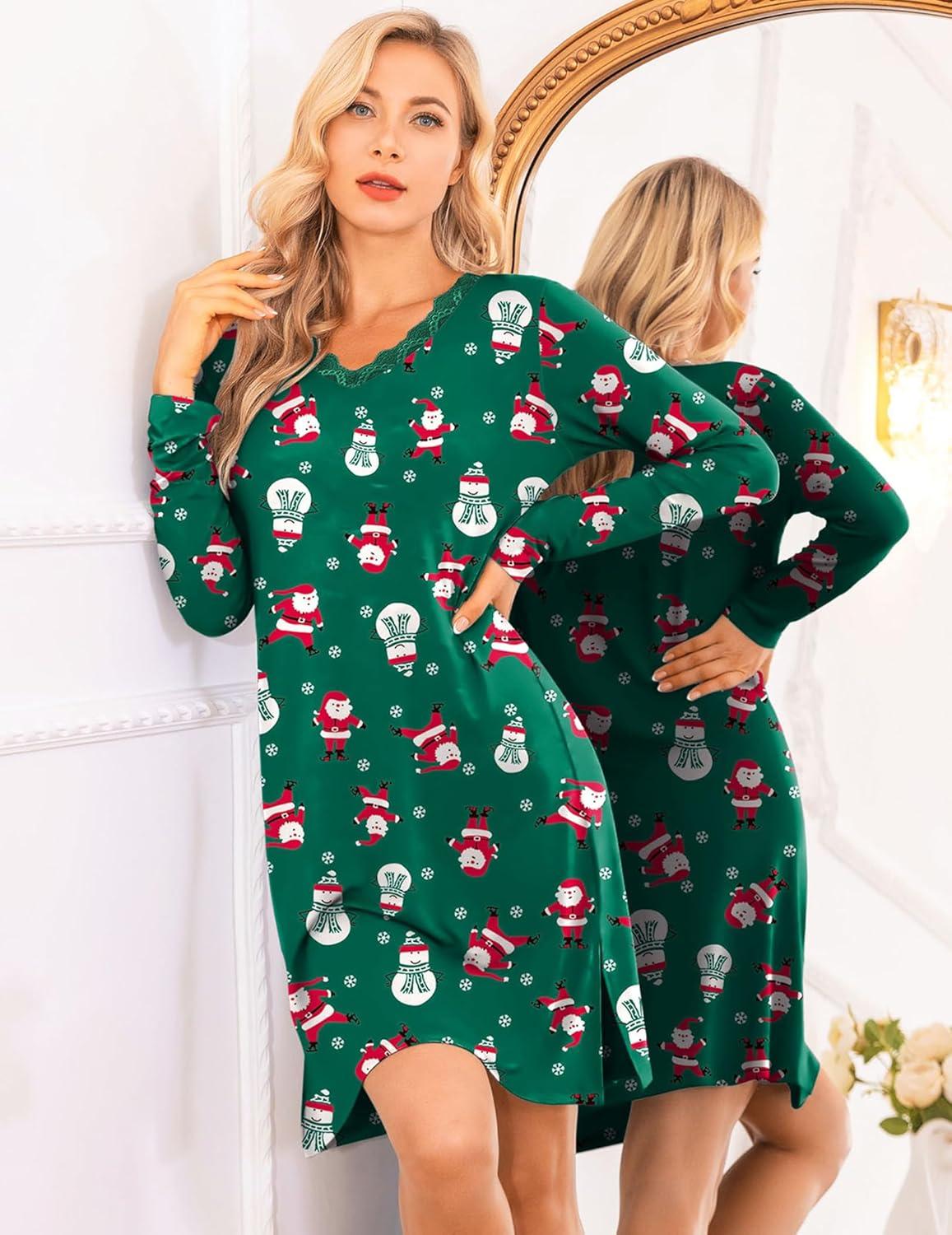 imageEkouaer Long Sleeve Nightgowns for Women Sexy Lace Night Shirt V Neck Sleep Shirt Soft SleepwearChristmas Santa 1