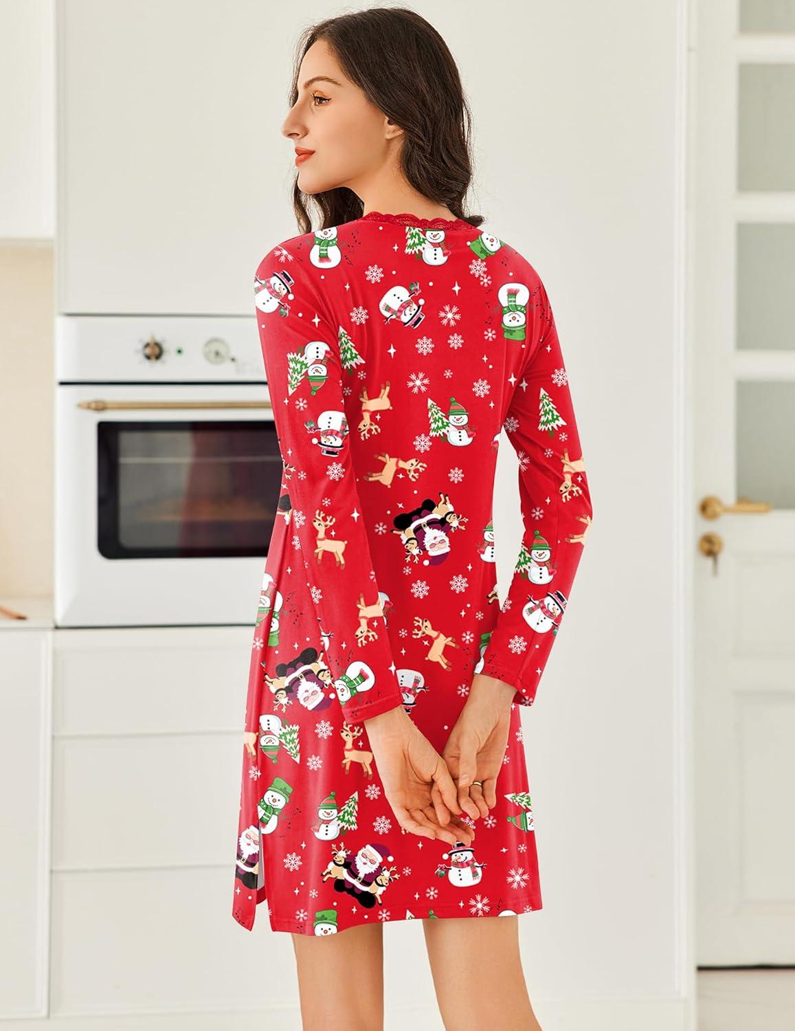 imageEkouaer Long Sleeve Nightgowns for Women Sexy Lace Night Shirt V Neck Sleep Shirt Soft SleepwearChristmas Santa 2