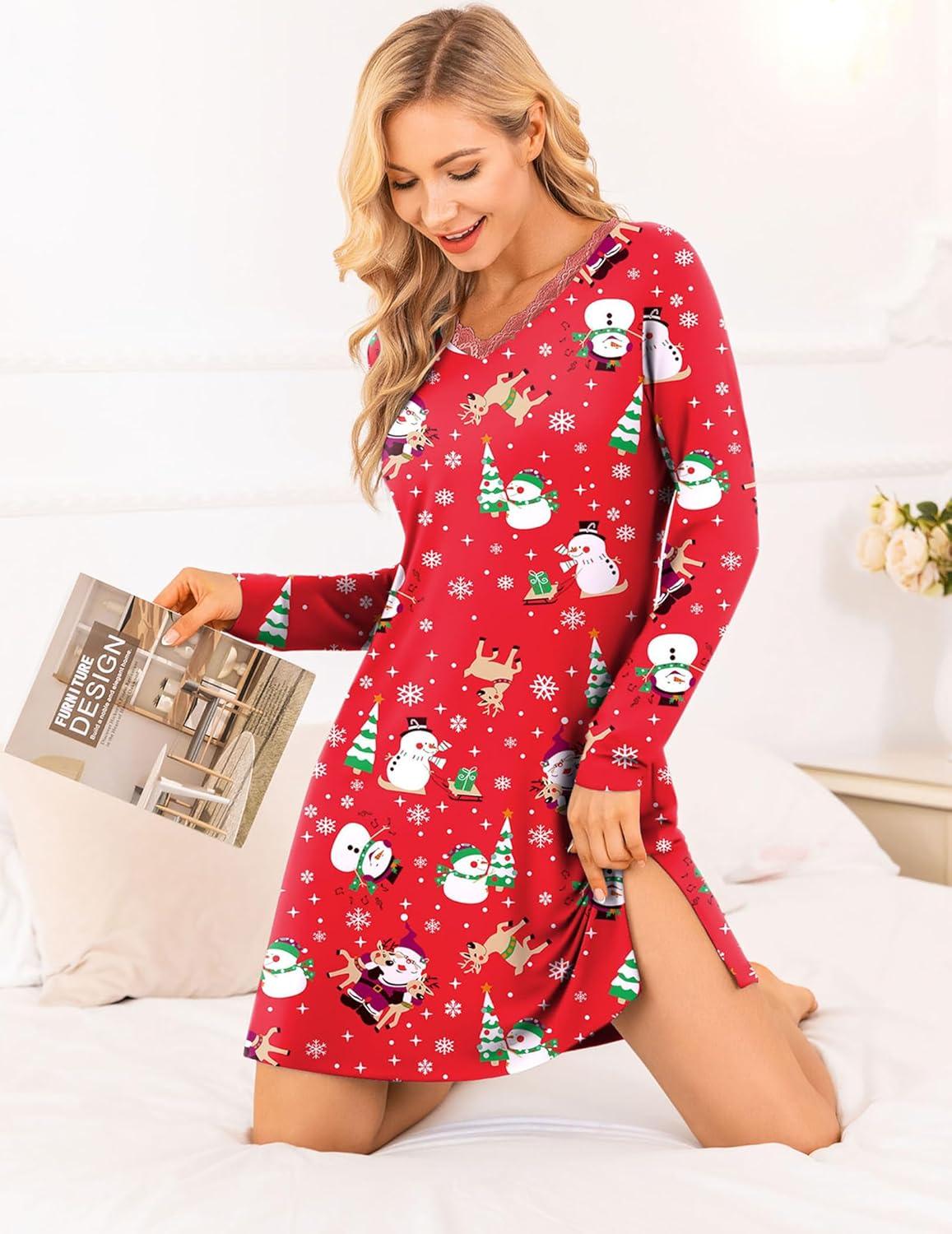 imageEkouaer Long Sleeve Nightgowns for Women Sexy Lace Night Shirt V Neck Sleep Shirt Soft SleepwearChristmas Santa 2