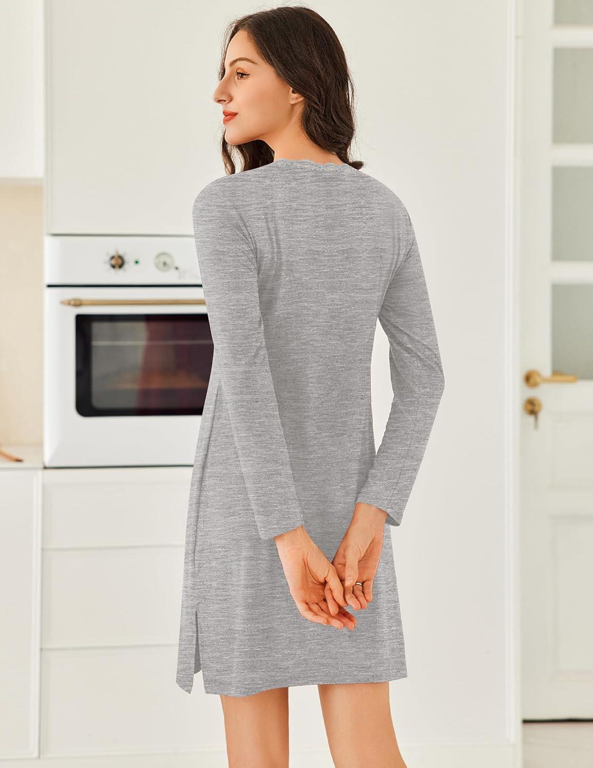 imageEkouaer Long Sleeve Nightgowns for Women Sexy Lace Night Shirt V Neck Sleep Shirt Soft SleepwearGrey