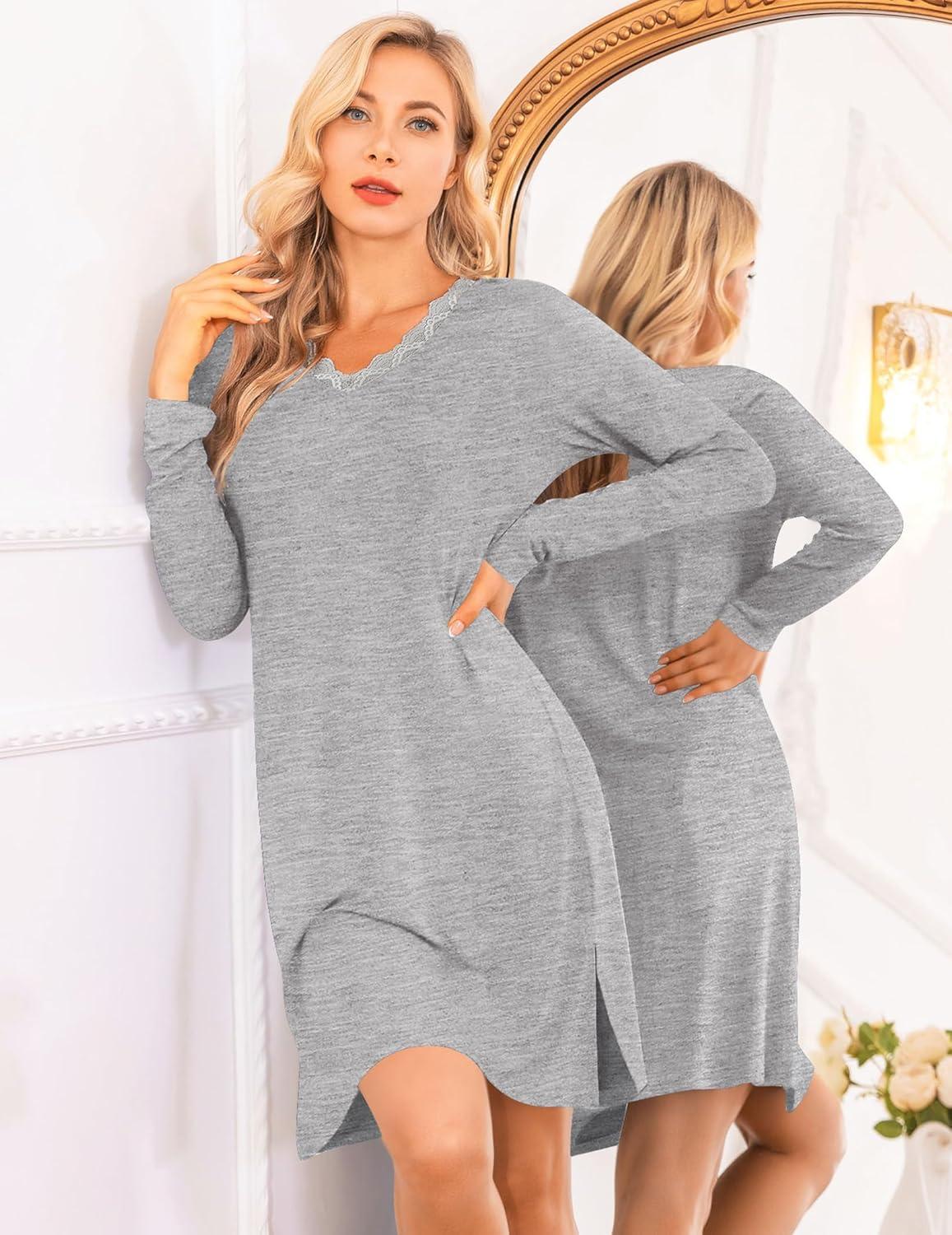 imageEkouaer Long Sleeve Nightgowns for Women Sexy Lace Night Shirt V Neck Sleep Shirt Soft SleepwearGrey