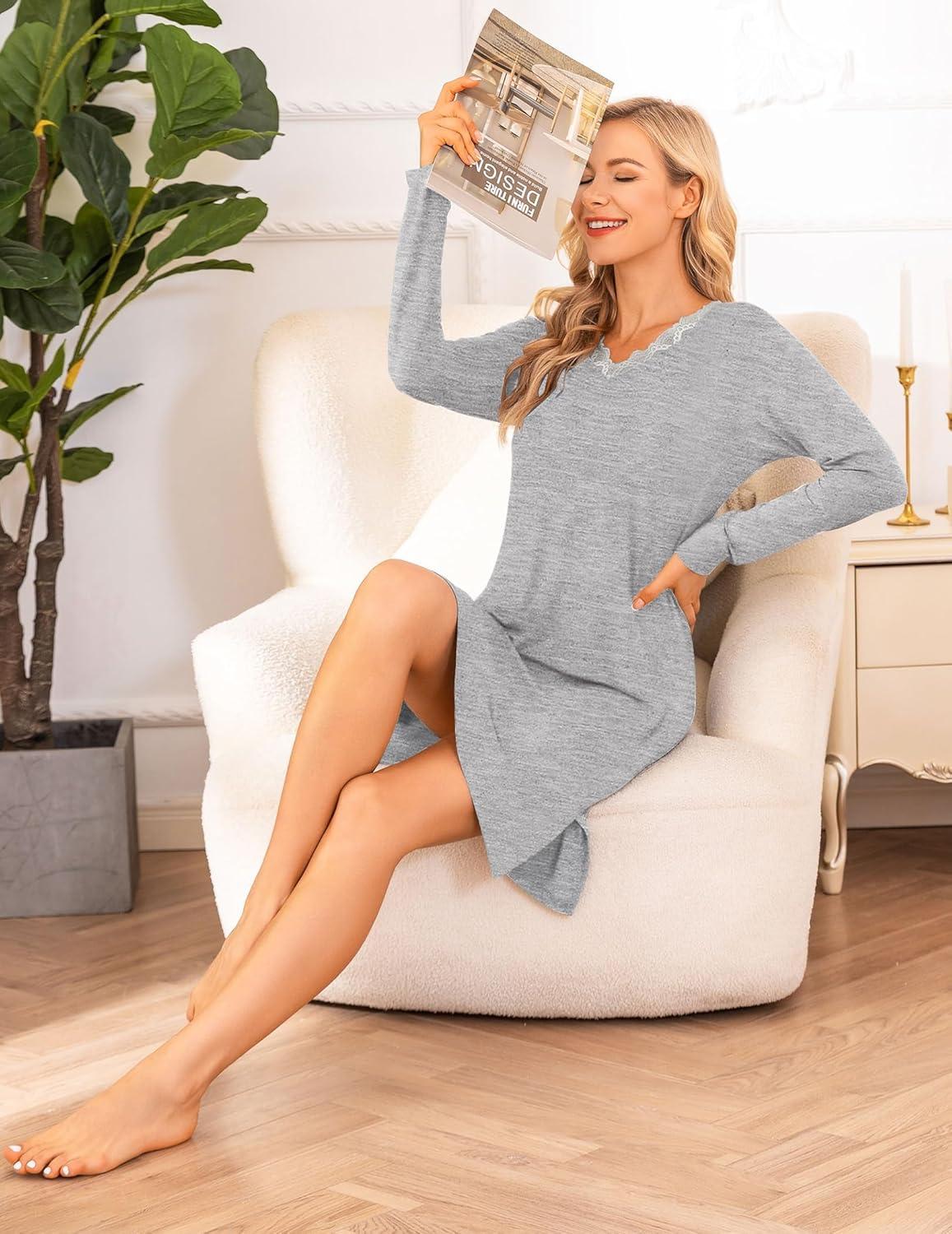 imageEkouaer Long Sleeve Nightgowns for Women Sexy Lace Night Shirt V Neck Sleep Shirt Soft SleepwearGrey