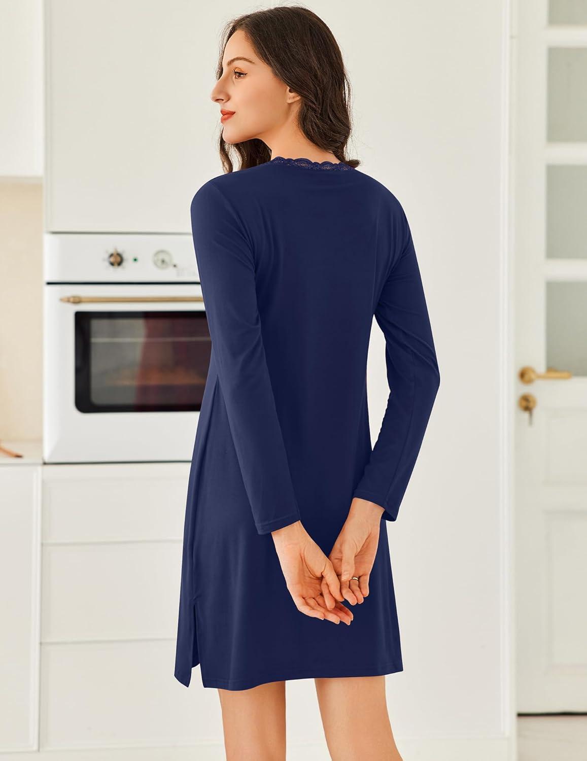 imageEkouaer Long Sleeve Nightgowns for Women Sexy Lace Night Shirt V Neck Sleep Shirt Soft SleepwearNavy Blue