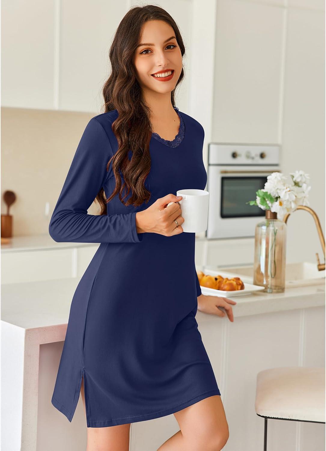 imageEkouaer Long Sleeve Nightgowns for Women Sexy Lace Night Shirt V Neck Sleep Shirt Soft SleepwearNavy Blue