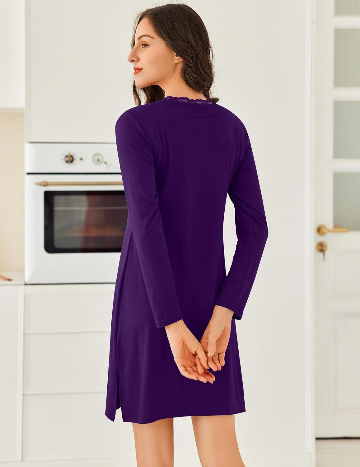 imageEkouaer Long Sleeve Nightgowns for Women Sexy Lace Night Shirt V Neck Sleep Shirt Soft SleepwearPurple