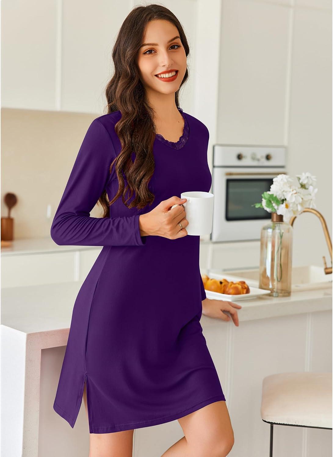 imageEkouaer Long Sleeve Nightgowns for Women Sexy Lace Night Shirt V Neck Sleep Shirt Soft SleepwearPurple