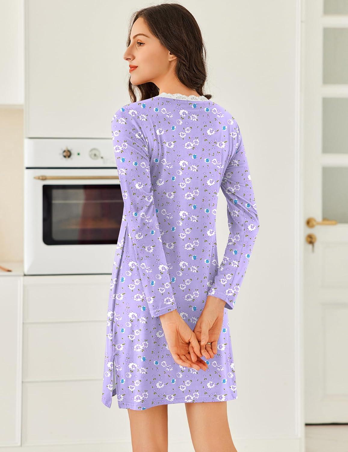 imageEkouaer Long Sleeve Nightgowns for Women Sexy Lace Night Shirt V Neck Sleep Shirt Soft SleepwearPurple Flowers