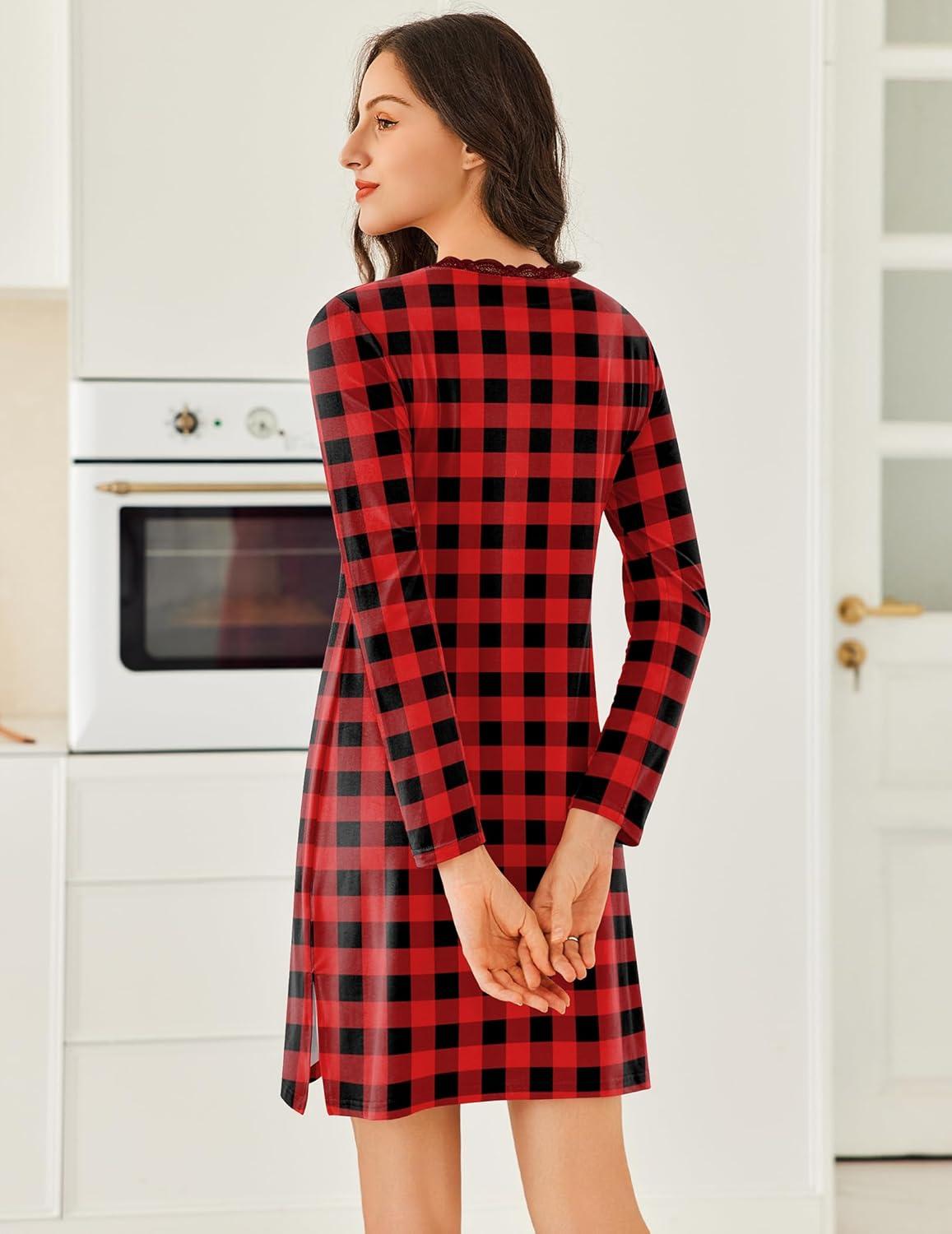 imageEkouaer Long Sleeve Nightgowns for Women Sexy Lace Night Shirt V Neck Sleep Shirt Soft SleepwearRed  Black Plaid