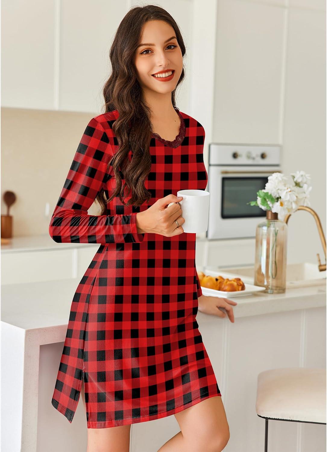 imageEkouaer Long Sleeve Nightgowns for Women Sexy Lace Night Shirt V Neck Sleep Shirt Soft SleepwearRed  Black Plaid