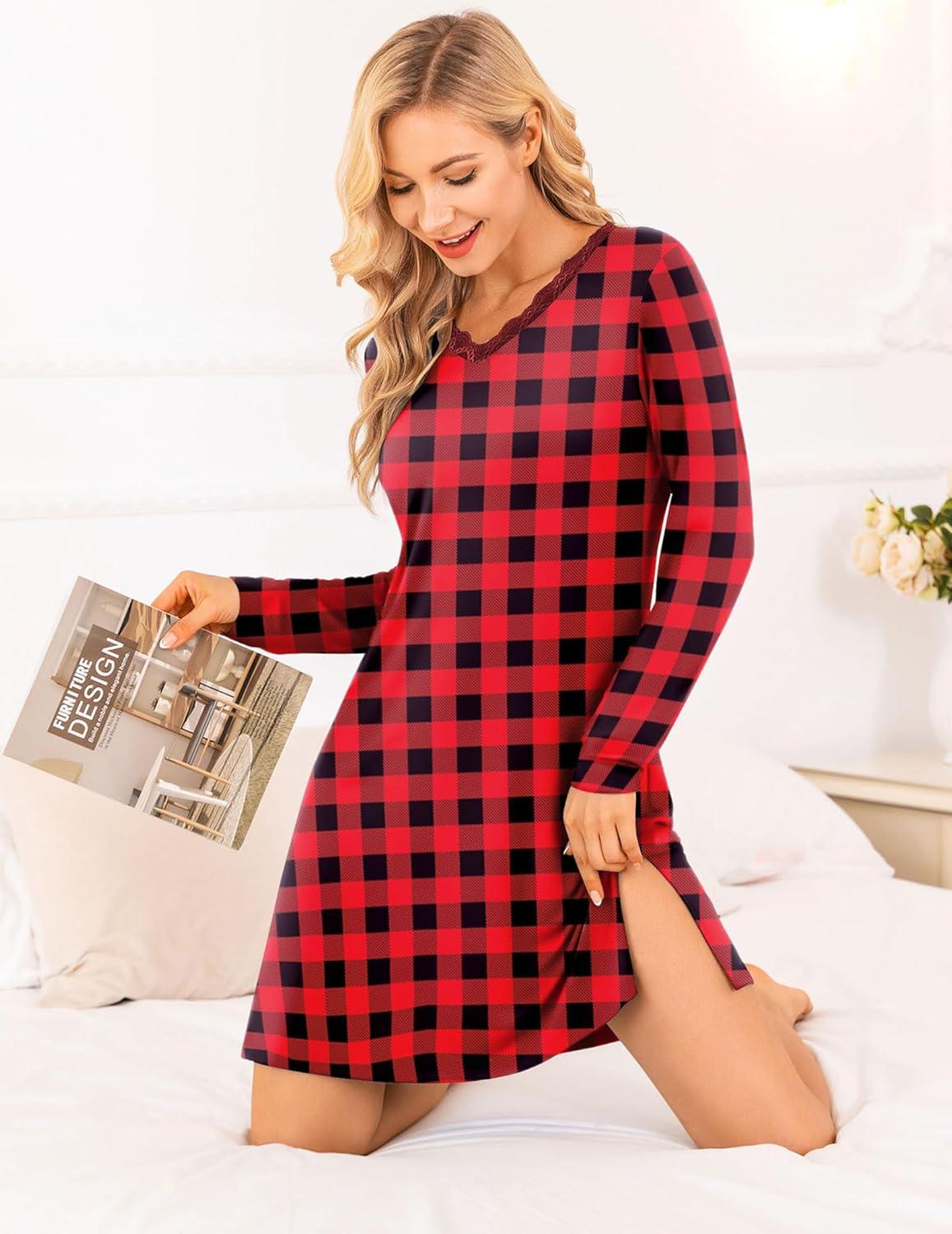 imageEkouaer Long Sleeve Nightgowns for Women Sexy Lace Night Shirt V Neck Sleep Shirt Soft SleepwearRed  Black Plaid