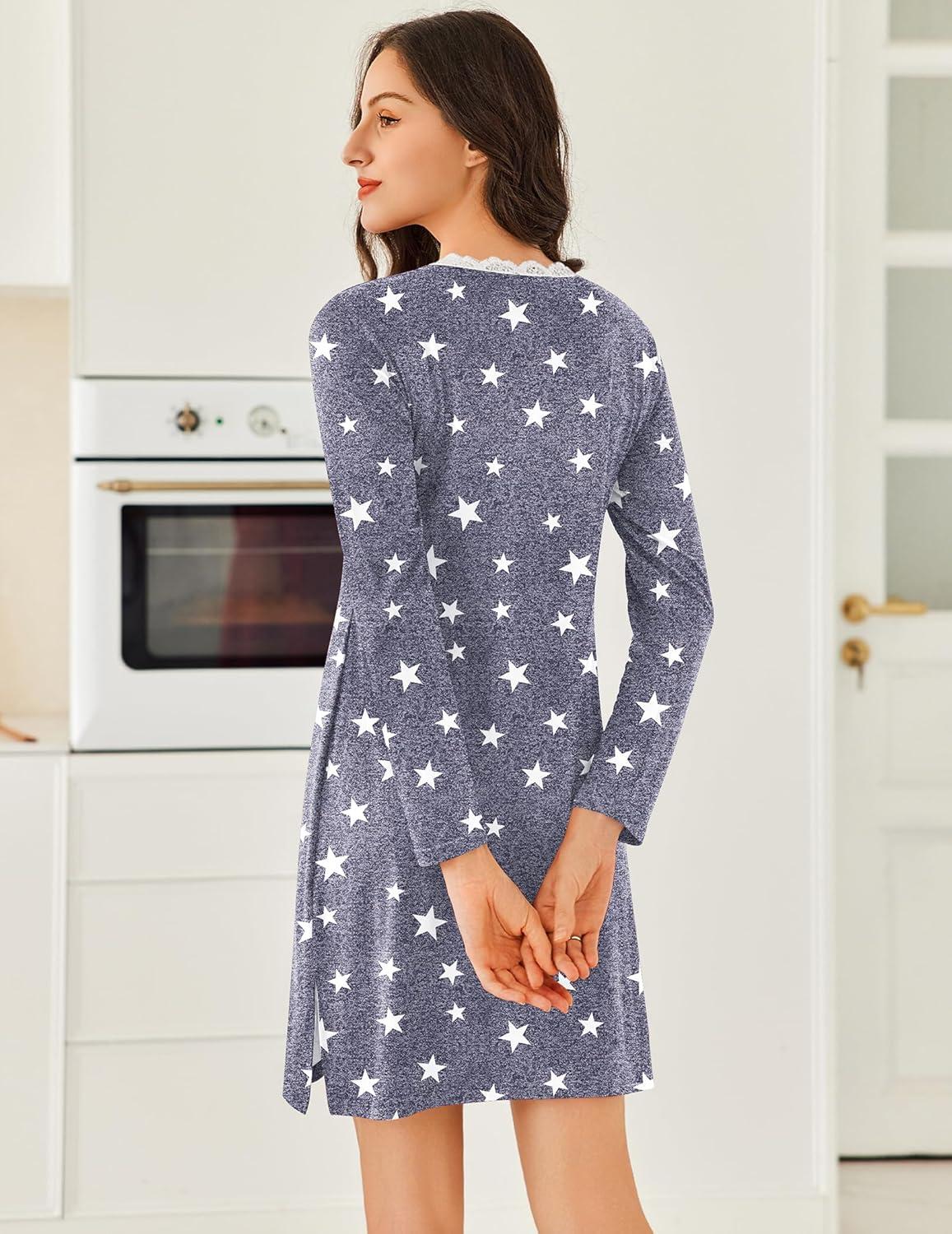 imageEkouaer Long Sleeve Nightgowns for Women Sexy Lace Night Shirt V Neck Sleep Shirt Soft SleepwearStar
