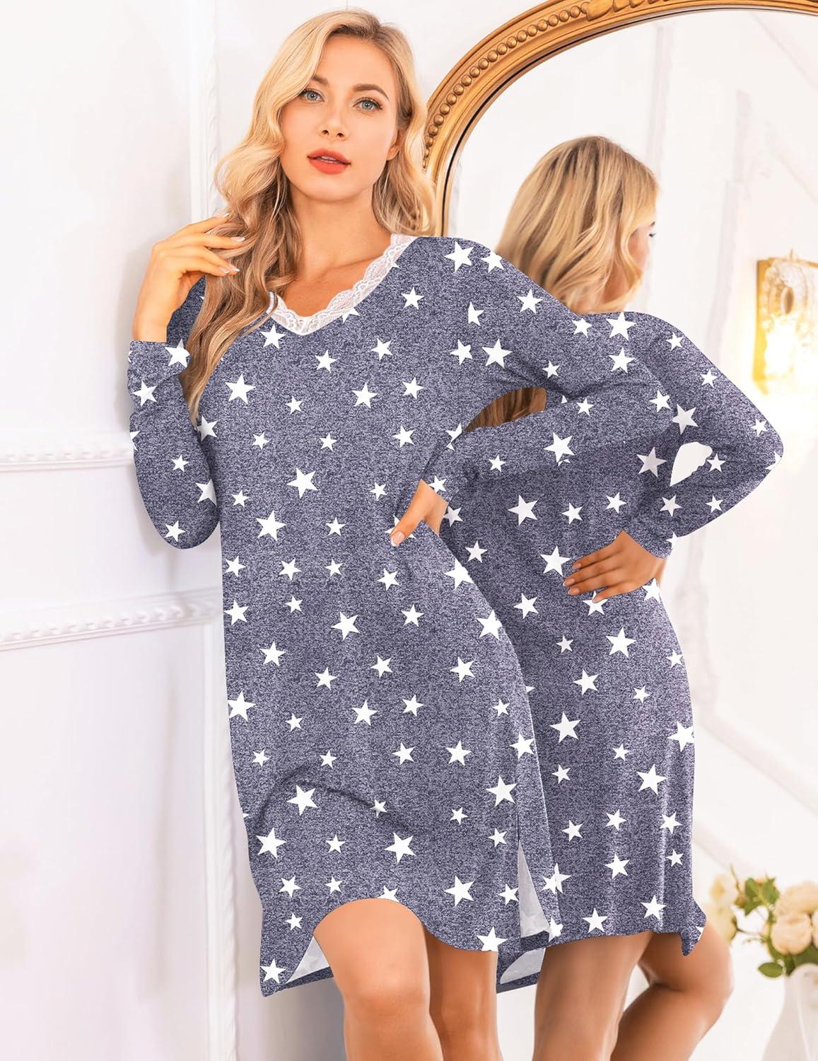 imageEkouaer Long Sleeve Nightgowns for Women Sexy Lace Night Shirt V Neck Sleep Shirt Soft SleepwearStar