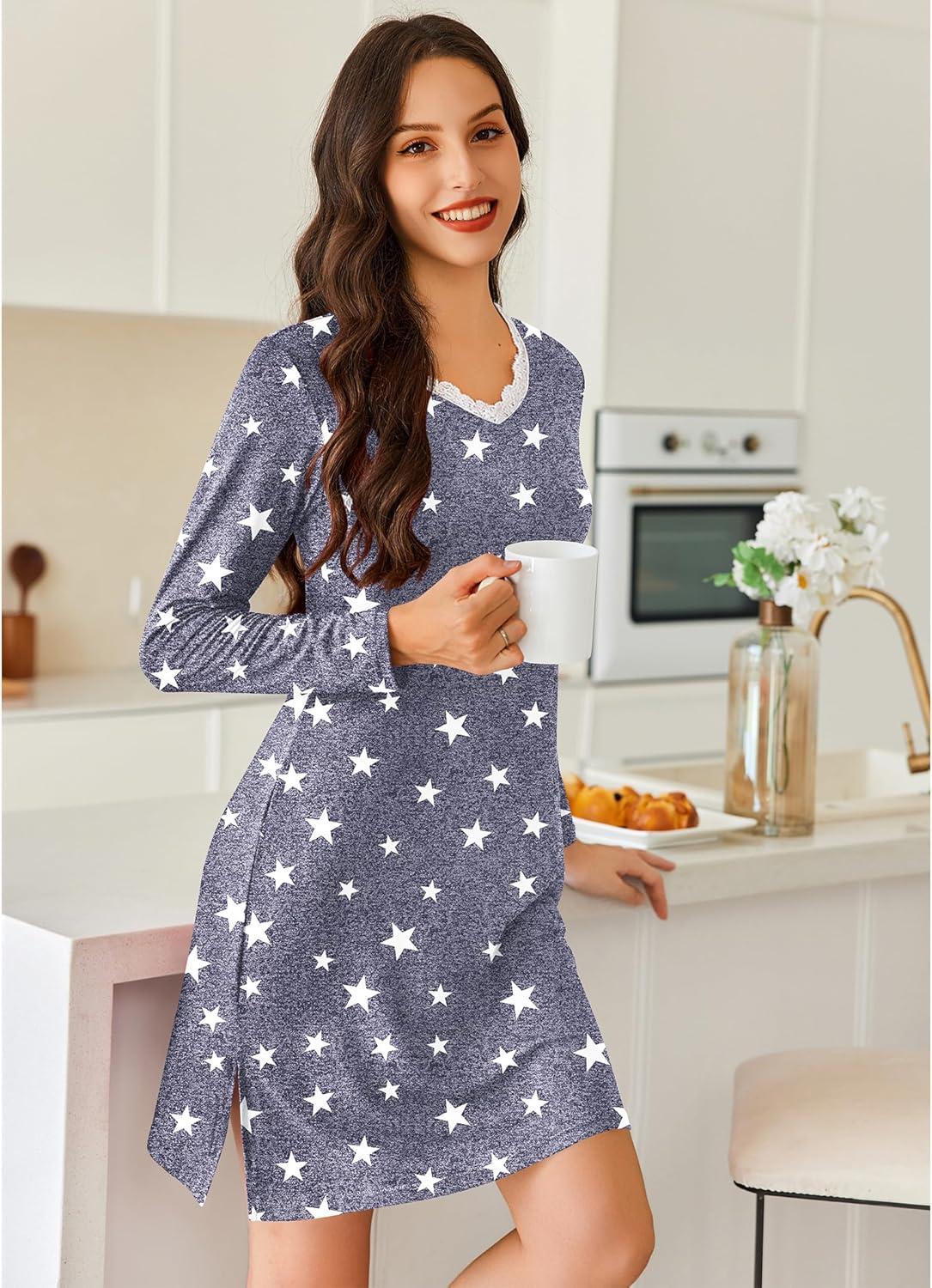 imageEkouaer Long Sleeve Nightgowns for Women Sexy Lace Night Shirt V Neck Sleep Shirt Soft SleepwearStar