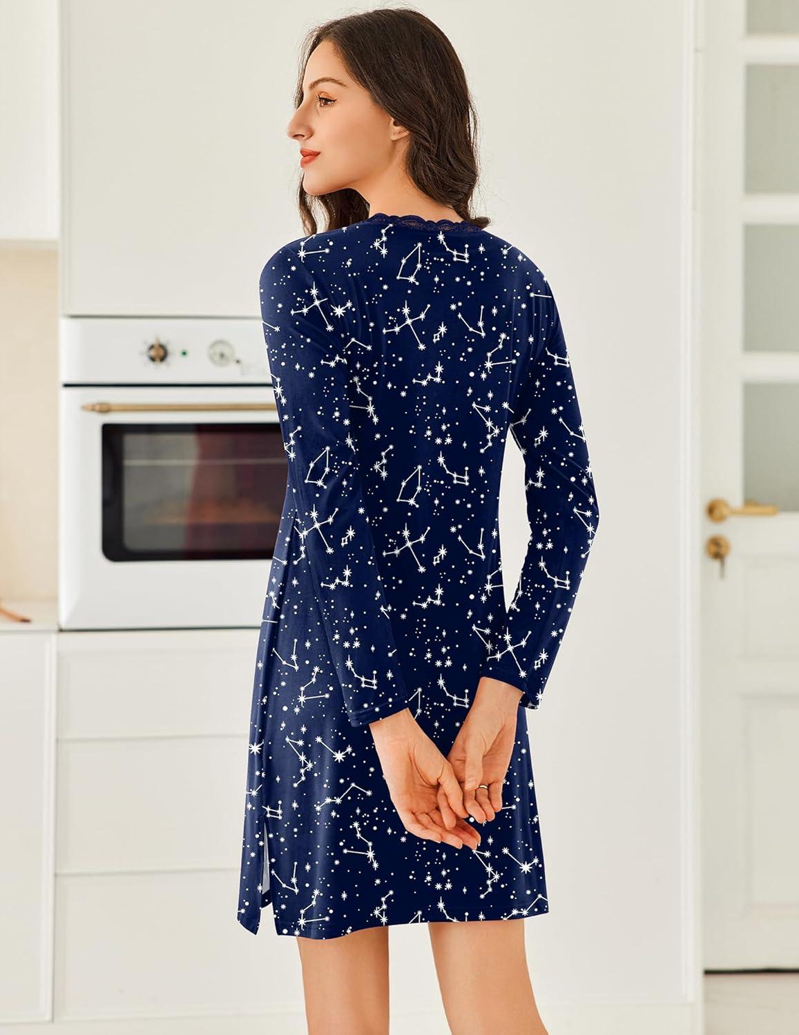 imageEkouaer Long Sleeve Nightgowns for Women Sexy Lace Night Shirt V Neck Sleep Shirt Soft SleepwearStar Print