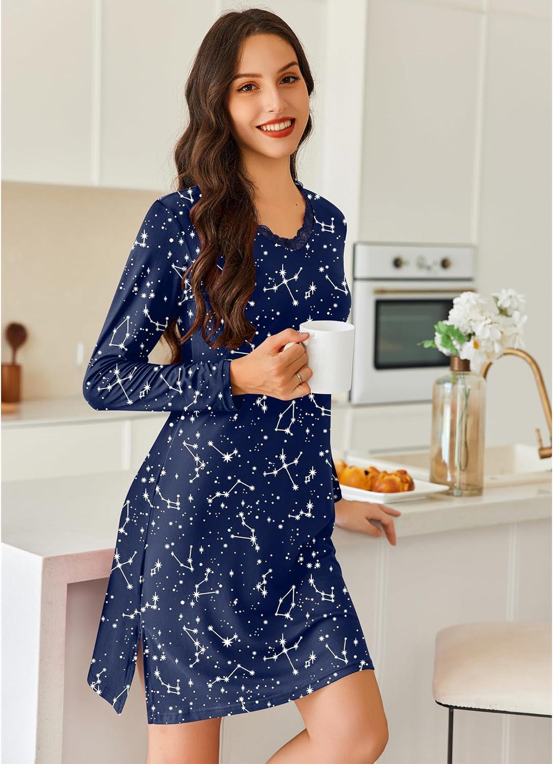 imageEkouaer Long Sleeve Nightgowns for Women Sexy Lace Night Shirt V Neck Sleep Shirt Soft SleepwearStar Print