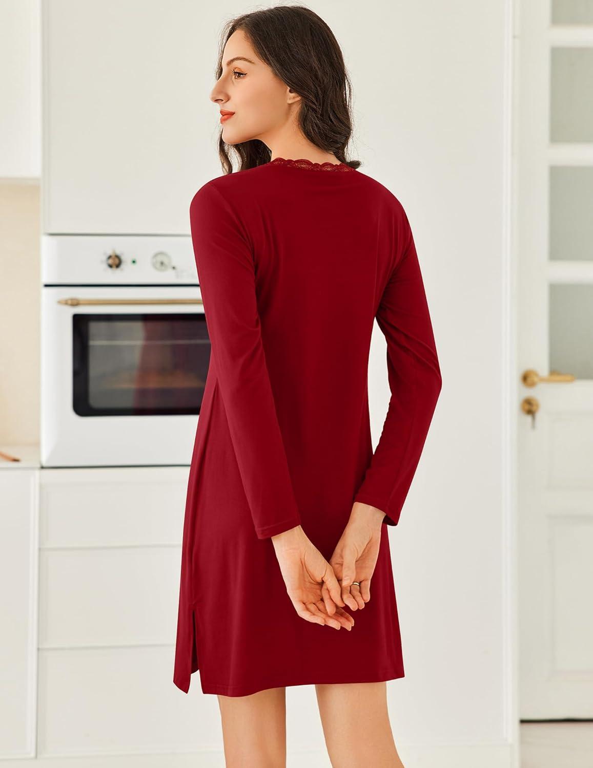 imageEkouaer Long Sleeve Nightgowns for Women Sexy Lace Night Shirt V Neck Sleep Shirt Soft SleepwearWine Red