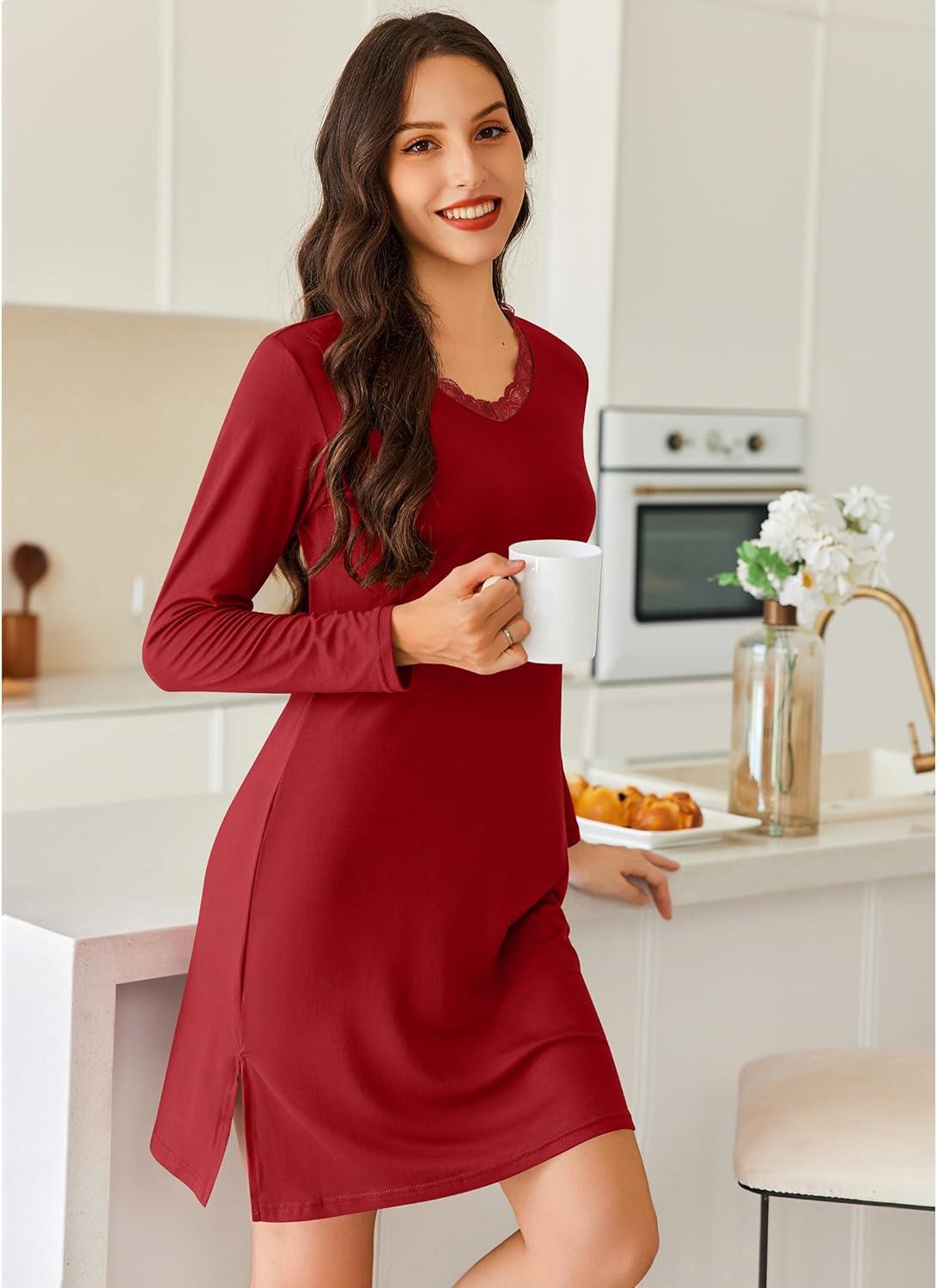 imageEkouaer Long Sleeve Nightgowns for Women Sexy Lace Night Shirt V Neck Sleep Shirt Soft SleepwearWine Red