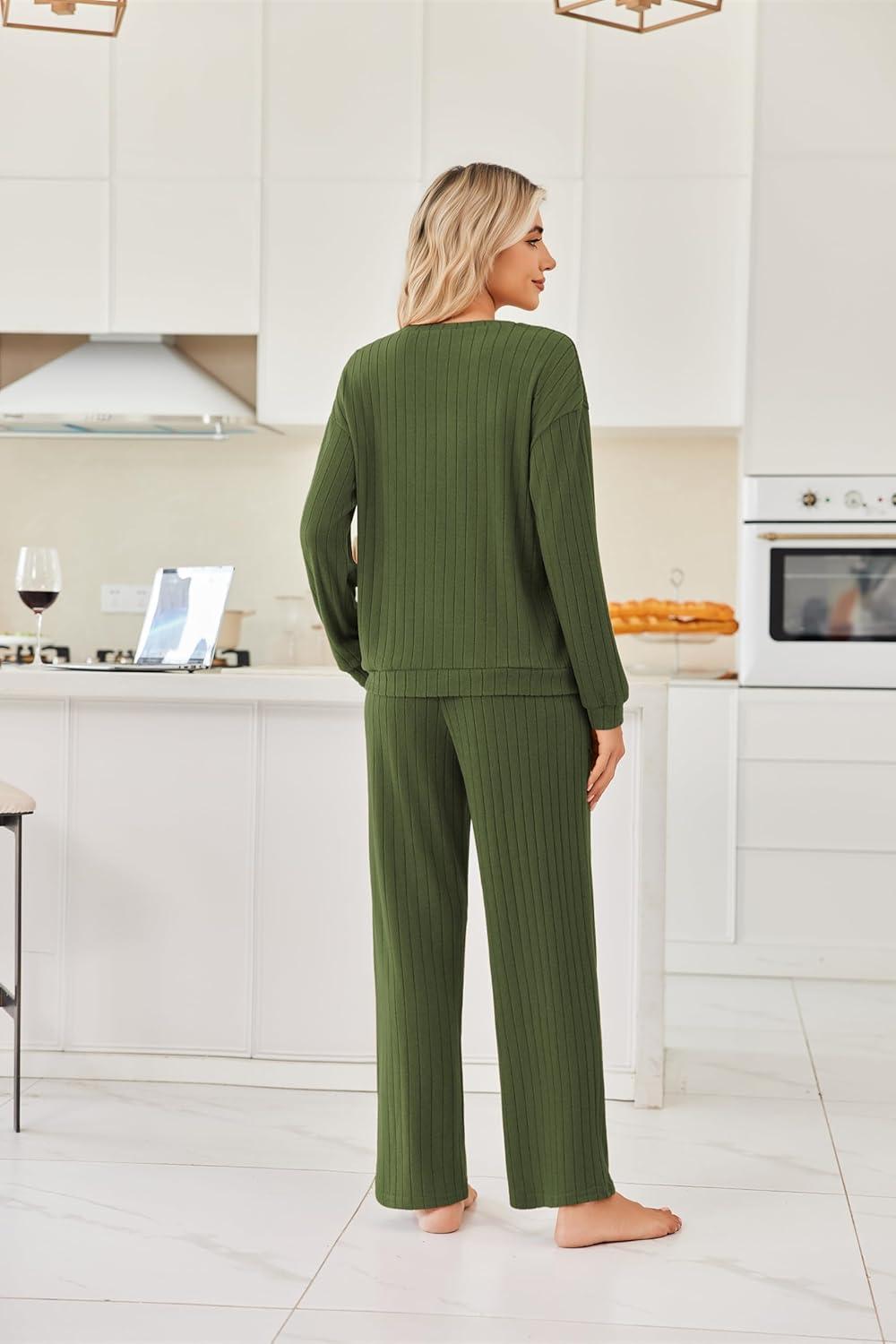 imageEkouaer Lounge Sets for Women Ribbed Knit Pajama Sets 2 Piece Long Sleeve Pjs Soft Loungewear Outfits with PocketsArmy Green