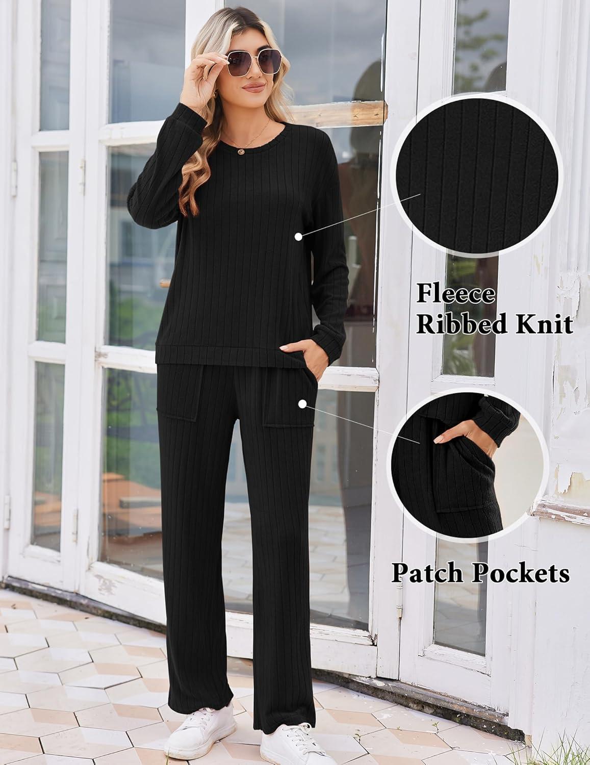 imageEkouaer Lounge Sets for Women Ribbed Knit Pajama Sets 2 Piece Long Sleeve Pjs Soft Loungewear Outfits with PocketsBlack
