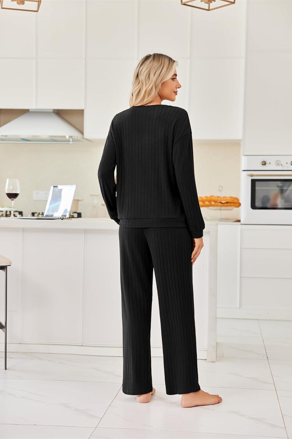 imageEkouaer Lounge Sets for Women Ribbed Knit Pajama Sets 2 Piece Long Sleeve Pjs Soft Loungewear Outfits with PocketsBlack