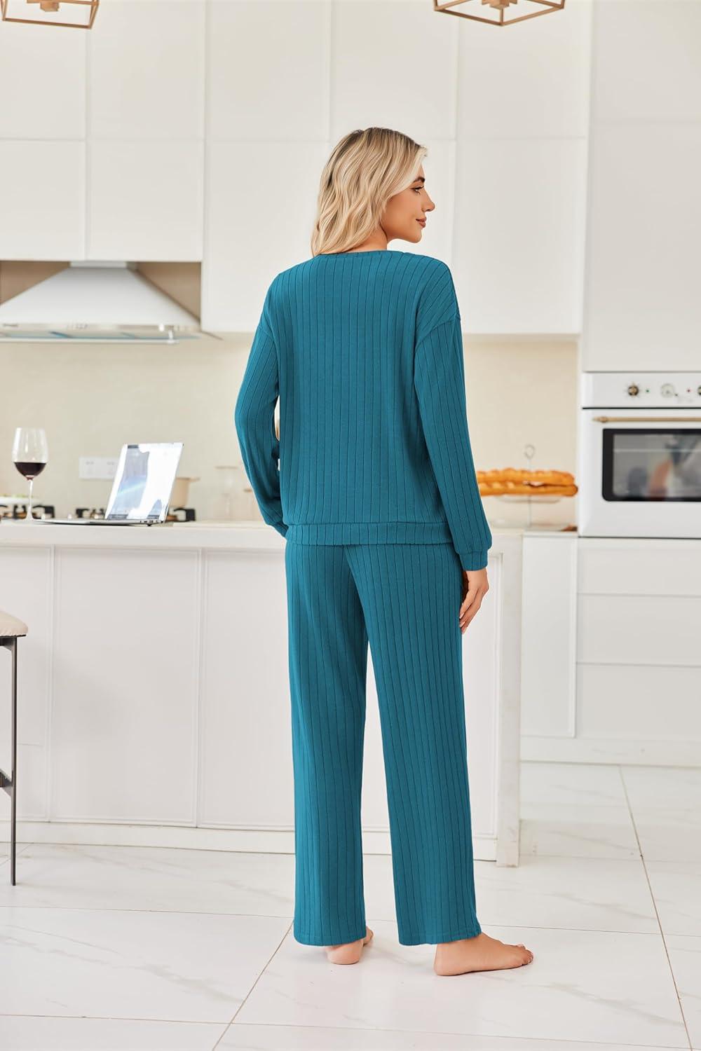 imageEkouaer Lounge Sets for Women Ribbed Knit Pajama Sets 2 Piece Long Sleeve Pjs Soft Loungewear Outfits with PocketsBlue Green