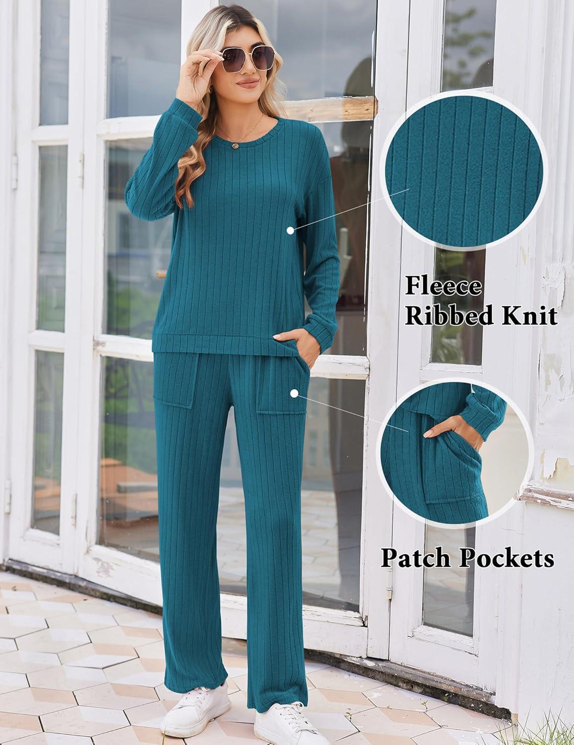 imageEkouaer Lounge Sets for Women Ribbed Knit Pajama Sets 2 Piece Long Sleeve Pjs Soft Loungewear Outfits with PocketsBlue Green