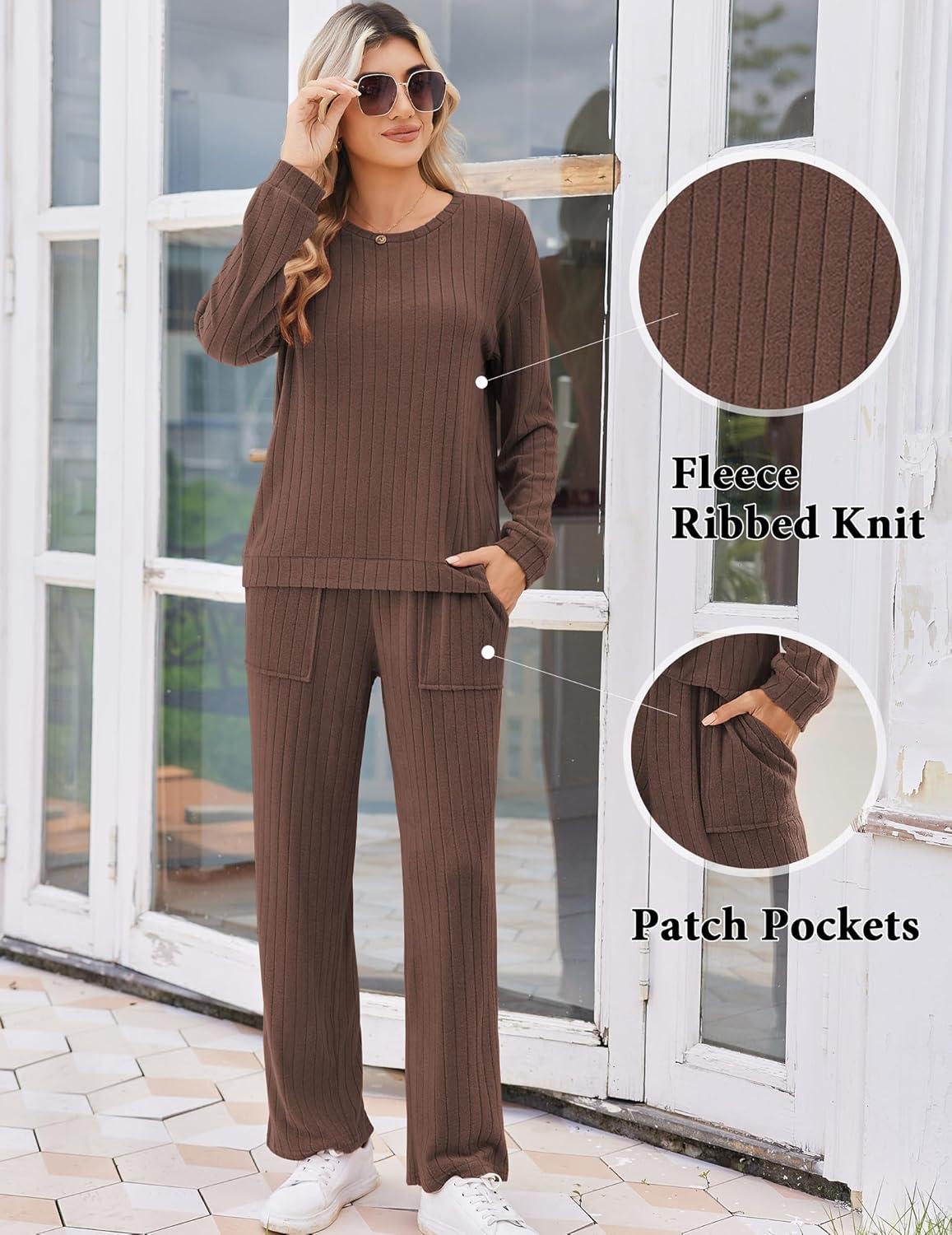 imageEkouaer Lounge Sets for Women Ribbed Knit Pajama Sets 2 Piece Long Sleeve Pjs Soft Loungewear Outfits with PocketsBrown