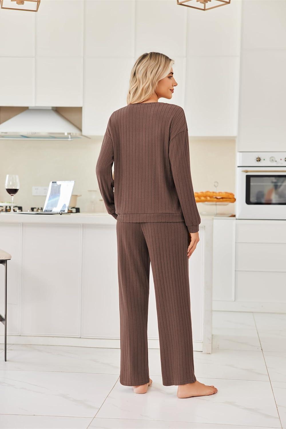 imageEkouaer Lounge Sets for Women Ribbed Knit Pajama Sets 2 Piece Long Sleeve Pjs Soft Loungewear Outfits with PocketsBrown