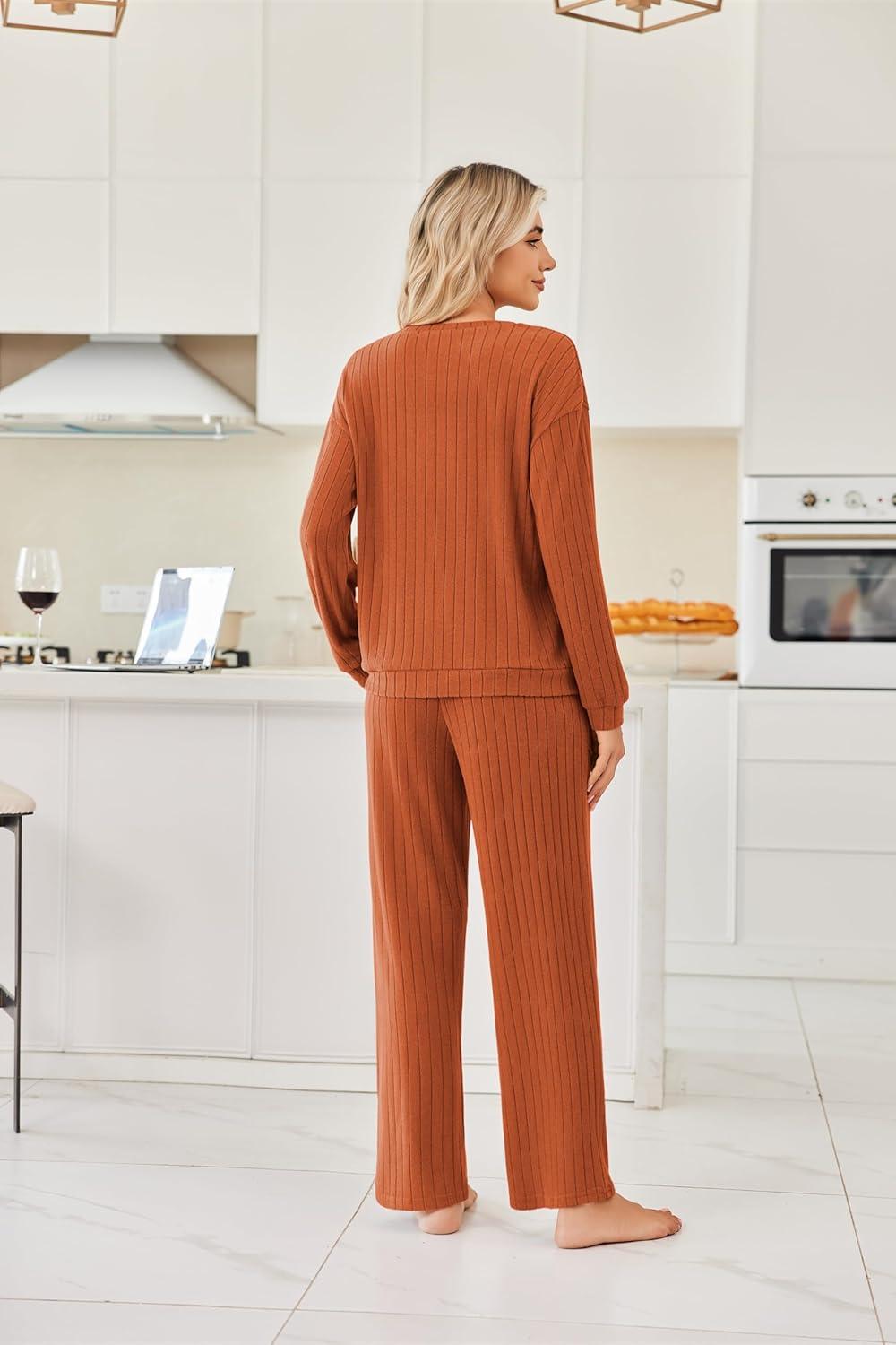 imageEkouaer Lounge Sets for Women Ribbed Knit Pajama Sets 2 Piece Long Sleeve Pjs Soft Loungewear Outfits with PocketsCaramel