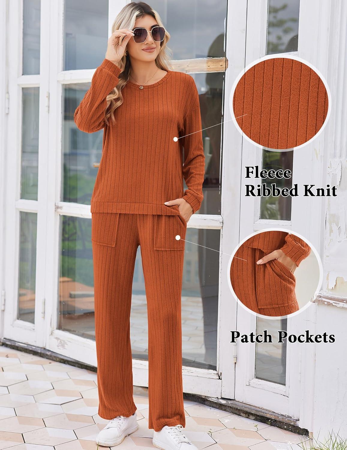 imageEkouaer Lounge Sets for Women Ribbed Knit Pajama Sets 2 Piece Long Sleeve Pjs Soft Loungewear Outfits with PocketsCaramel