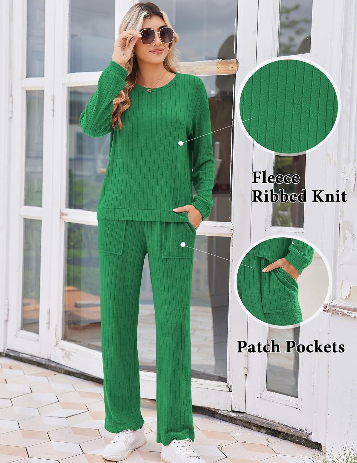 imageEkouaer Lounge Sets for Women Ribbed Knit Pajama Sets 2 Piece Long Sleeve Pjs Soft Loungewear Outfits with PocketsDark Green