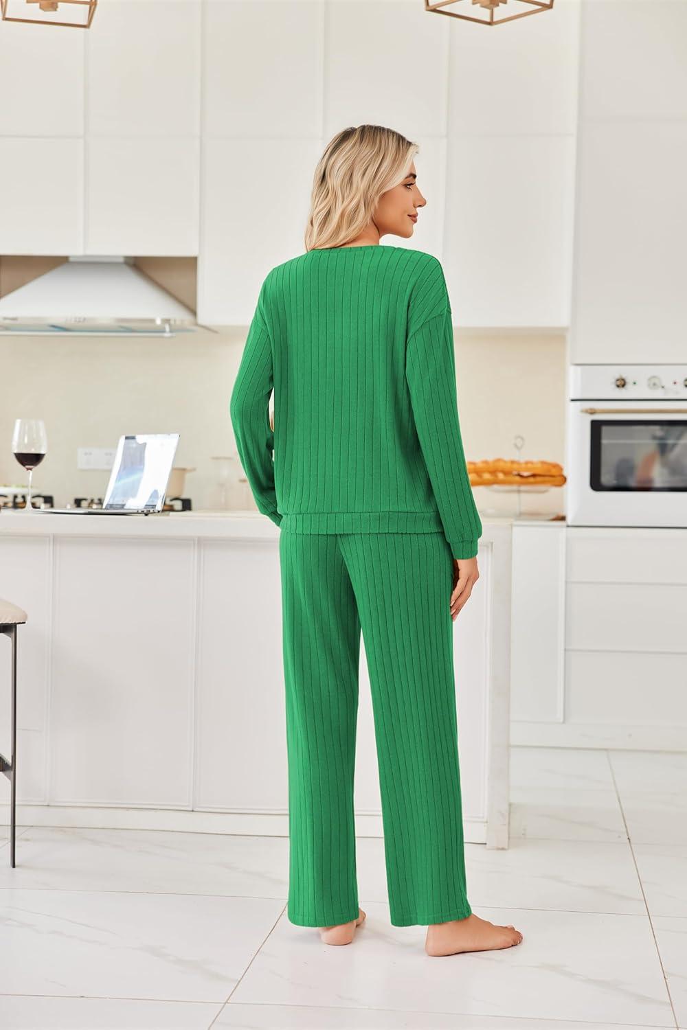 imageEkouaer Lounge Sets for Women Ribbed Knit Pajama Sets 2 Piece Long Sleeve Pjs Soft Loungewear Outfits with PocketsDark Green