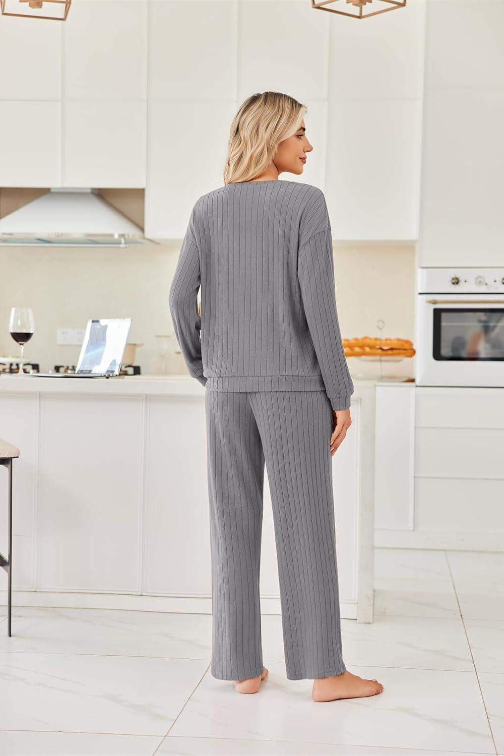 imageEkouaer Lounge Sets for Women Ribbed Knit Pajama Sets 2 Piece Long Sleeve Pjs Soft Loungewear Outfits with PocketsDark Grey