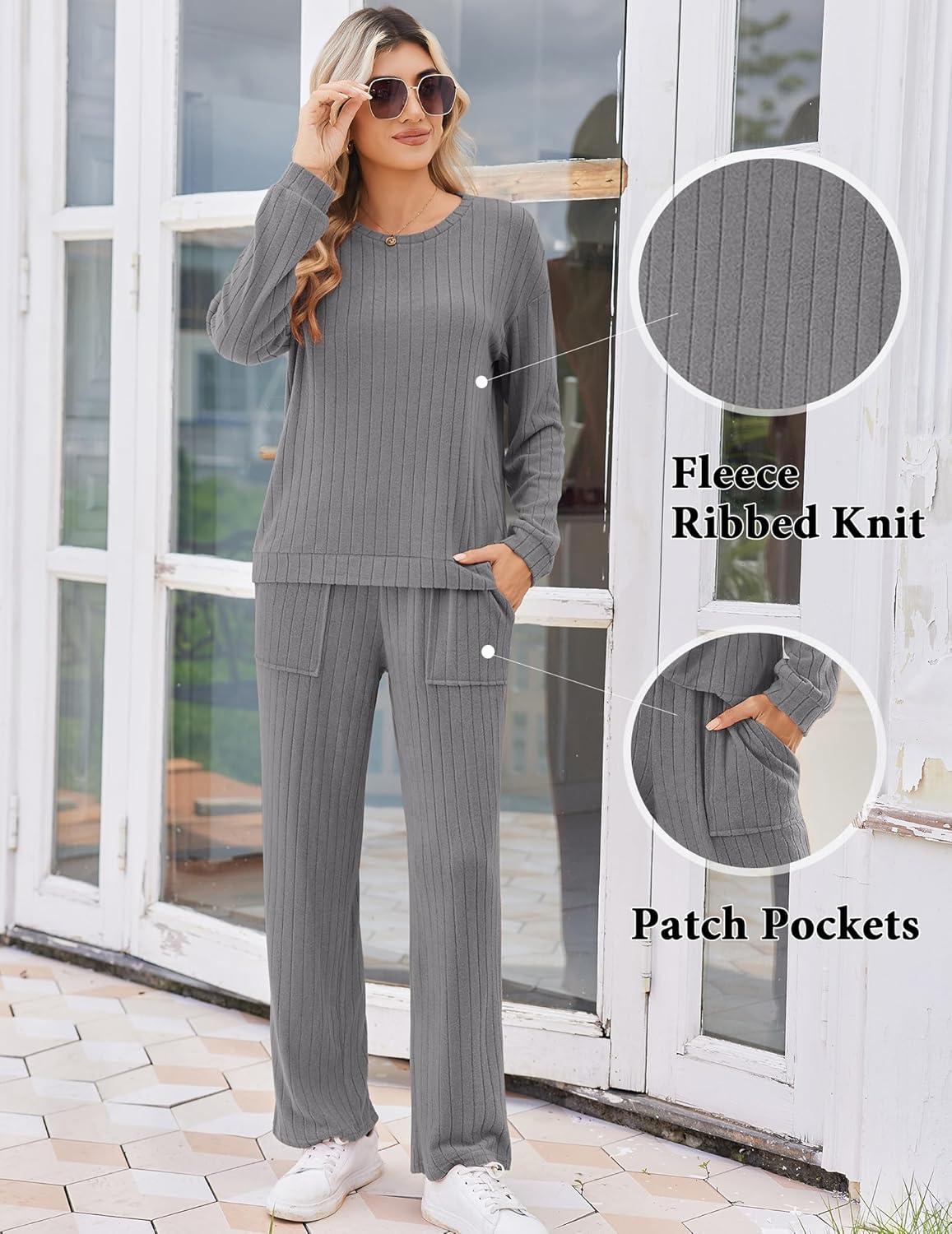 imageEkouaer Lounge Sets for Women Ribbed Knit Pajama Sets 2 Piece Long Sleeve Pjs Soft Loungewear Outfits with PocketsDark Grey