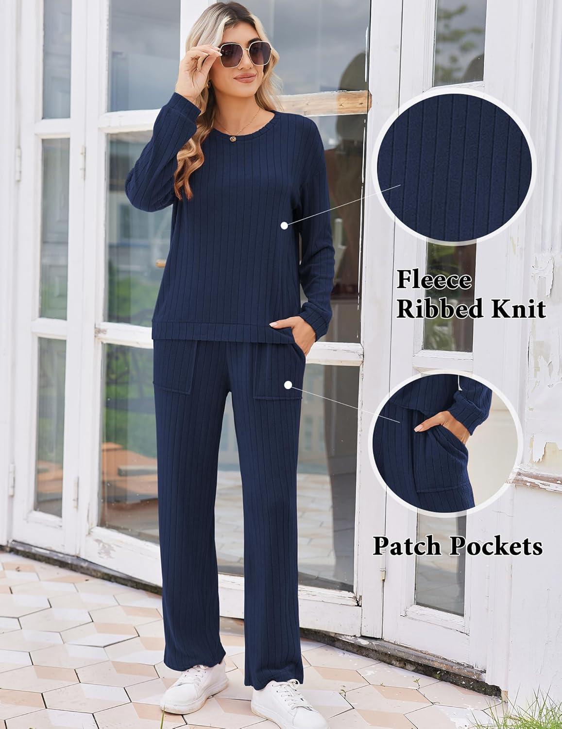 imageEkouaer Lounge Sets for Women Ribbed Knit Pajama Sets 2 Piece Long Sleeve Pjs Soft Loungewear Outfits with PocketsNavy Blue